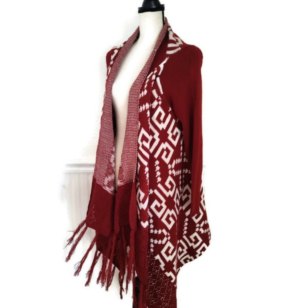 Brick Red South West Geometric Pattern knit Waterfall Sweater Rodeo Size Large - Picture 3 of 4
